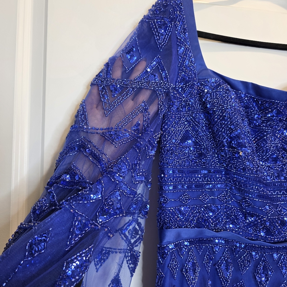 Serene Hill Beaded Elegant Blue Cape Sleeve Evening Gown - Size US 12 Large - Picture 9 of 17